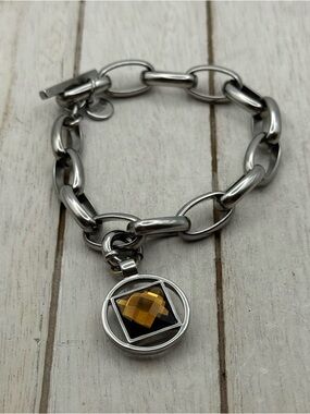 Dyrberg Kern silver-toned chunky link bracelet with brown stone